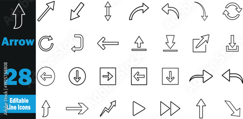 Arrow icon set .  Right Arrow, Left Arrow, Up Arrow, Down Arrow, Curved Arrow, Double Arrow, Circular Arrow, Arrow Pointer, Arrow Through Door, Split Arrow .Vector illustration
