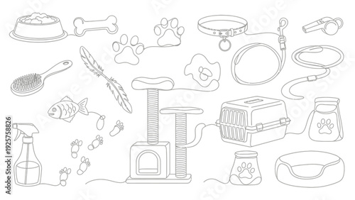 Continuous line drawing of pet care items and animal accessories on white background.