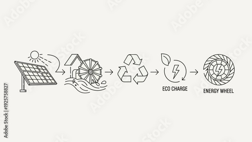 Renewable energy cycle diagram with solar, hydro, and recycling icons.