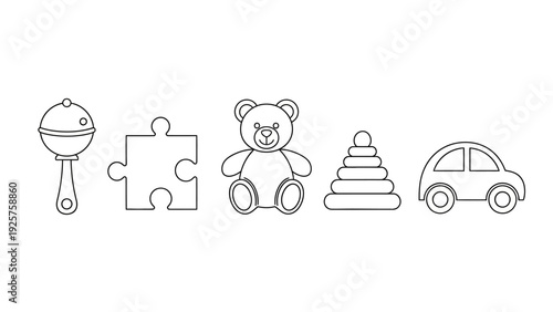 Set of baby and children's toys line art icons.