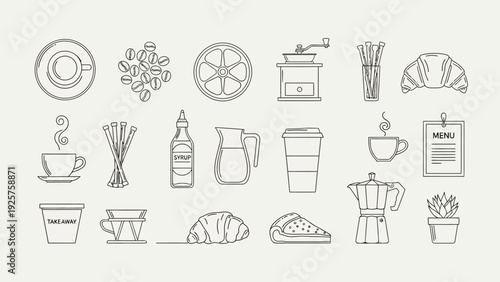 Minimalist coffee shop and breakfast line icons set on white background.