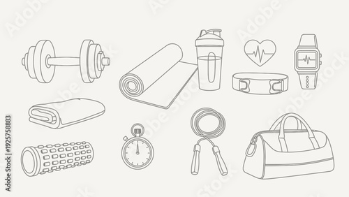 Line art collection of fitness equipment and workout essentials.