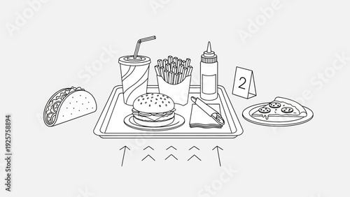 Black and white line art illustration of fast food items on a tray