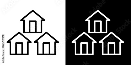 Modern neighborhood icon in outline style featuring multiple houses. Clean minimal symbol for community living, residential area and urban planning UI.