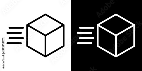 Modern moving box icon in outline style featuring package with motion lines. Clean minimal symbol for relocation, shipping and delivery service UI.