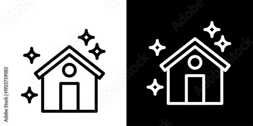 Modern new home icon in outline style featuring house with sparkle stars. Clean minimal symbol for new property, house purchase and real estate UI.