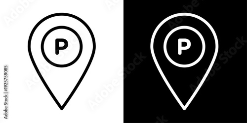 Parking icon with location pin and letter P symbol in outline style representing car parking area, map navigation and smart city transportation UI.