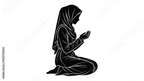 Silhouette of a Muslim woman praying in traditional attire.