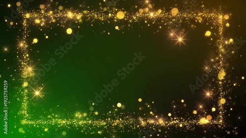 Sparkling gold glitter frame on dark green background with bokeh lights, used for festive holiday or celebration design