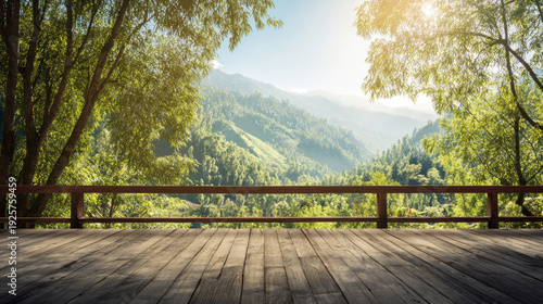 Wooden terrace overlooking a tranquil green mountain valley, offering a peaceful outdoor view with natural light and fresh air