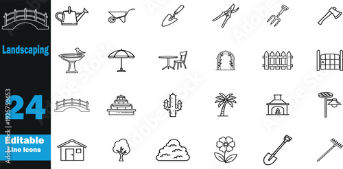 Landscaping icon set .Lawn Mower, Garden Rake, Shovel, Watering Can, Hedge Shears, Tree Plant, Flower Pot, Garden Hose, Wheelbarrow, Sun Hat .Vector illustration
