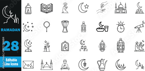 Ramadan icon set .Lantern, Crescent Moon, Prayer Beads, Quran Stand, Dates Fruit, Mosque Dome, Prayer Rug, Star Pattern, Fasting Plate, Giving Hand .Vector illustration