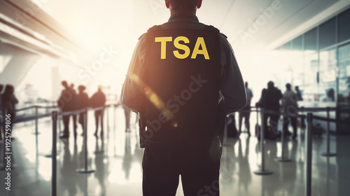 TSA officer wearing a black vest displaying the TSA logo, overseeing the security checkpoint with travelers in background