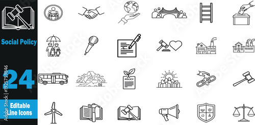 Social policy icon set .Balancing Scale, Hand Heart, Community People, Government Building, Document Law, Umbrella Protection, United Hands, Equality Symbol, Global Network, Discussion Forum .Vector i