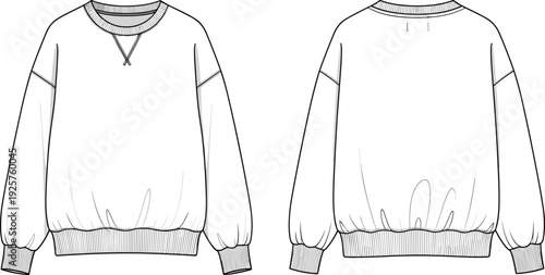 Oversized crew neck sweatshirt technical sketch front and back view, white fleece pullover mockup, cad drawing flat vector illustration, apparel template.