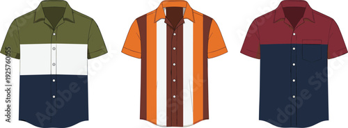 Set of three men's short sleeve button down bowling shirts with retro color block patterns, cad drawing flat vector illustration.