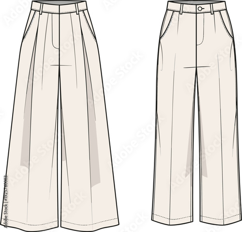 Women's high waisted wide leg pleated trousers technical fashion flat sketch template, CAD drawing flat vector illustration for apparel design.