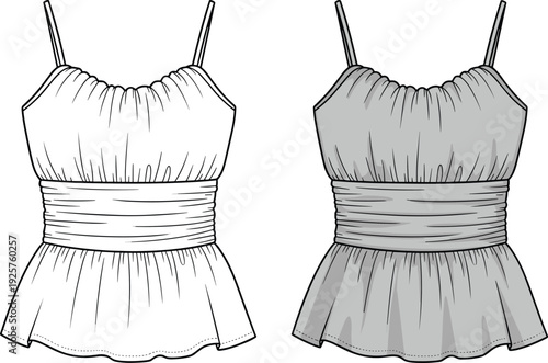 CAD drawing flat vector illustration of women's sleeveless camisole top featuring gathered neckline, wide pleated waistband, peplum hem, and adjustable straps