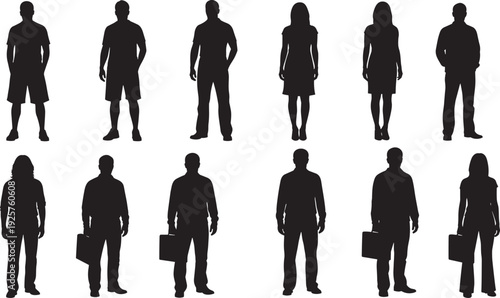 Black silhouette people icons set showing casual and professional attire, including men and women in business suits, dresses, skirts, and briefcases for workplace fashion concepts