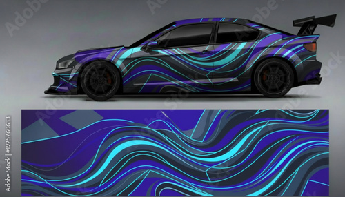 Sleek sports car with a vibrant abstract purple and blue flowing line vinyl wrap design.