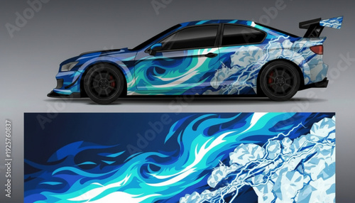 Blue sports car with custom abstract wave and ice graphic wrap design.