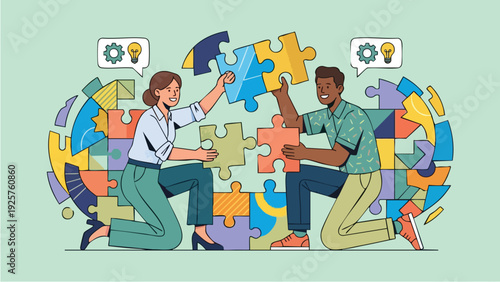 Two people assembling a large colorful jigsaw puzzle together.