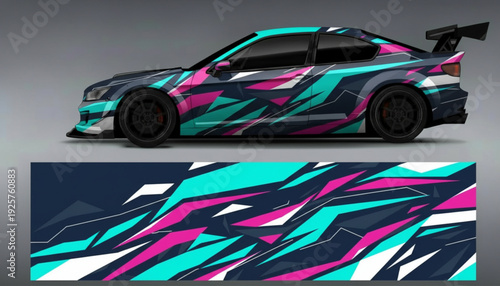 A sports car with a vibrant geometric wrap design in teal, magenta, and white, shown with the flat pattern below.