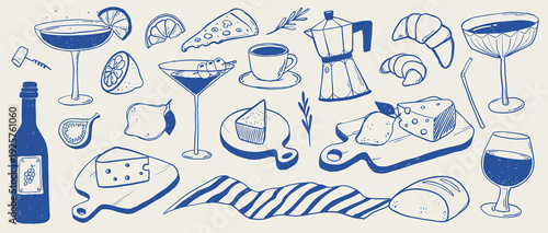 Monochrome blue line art illustration set featuring coffee, croissants, cheese boards, wine, cocktails. Minimalist hand-drawn food collection in vintage style for cafe branding, packaging, posters