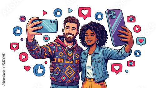 Young couple taking a selfie together with smartphones.