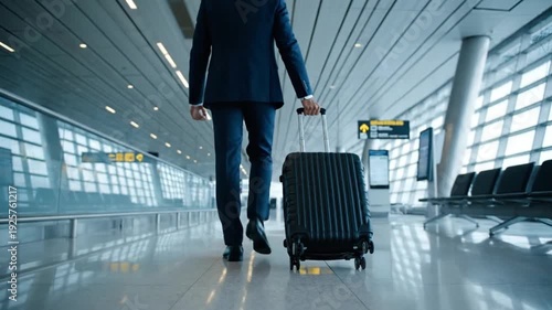 A businessman walks through a modern airport terminal with a suitcase in a video