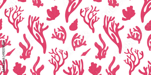 A modern seamless vector pattern. Stylized silhouettes of seashells, corals, and seaweed are depicted on a white background. The soft pink color has a delicate chalk texture.