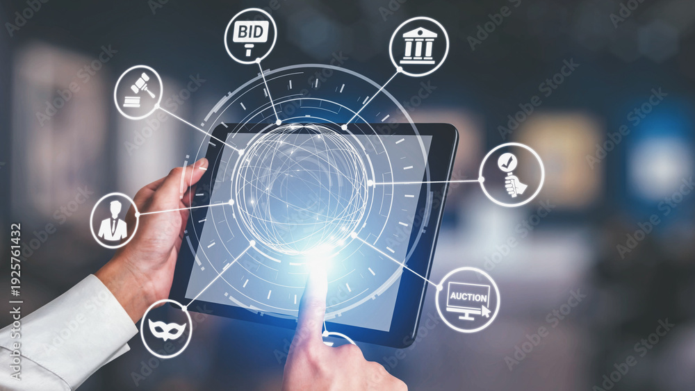 Naklejka premium Online auction platforms offer digital bidding, online auction participation, and auction-based transactions to enhance digital commerce and online auction winning opportunities. Spire