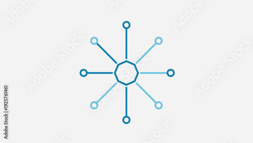Abstract network connection diagram with a central hub and radial nodes on a white background.