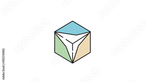 Abstract geometric shape with colorful faces on a white background.