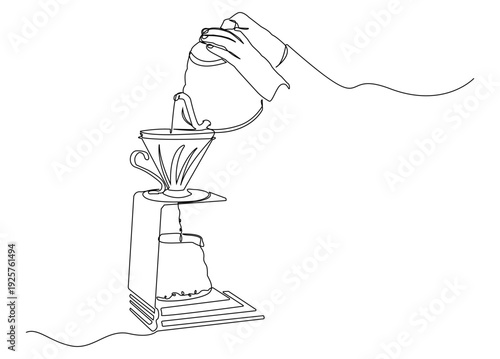 A modern specialty coffee brewing concept in an elegant single-line drawing style. Representing barista skills, manual drip brewing, cafe culture, etc.