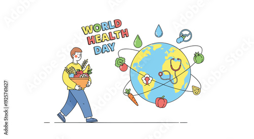 World Health Day icon set, includes health, wellness, globe, and nutrition symbols. Created in colorful line style with multicolor palette.