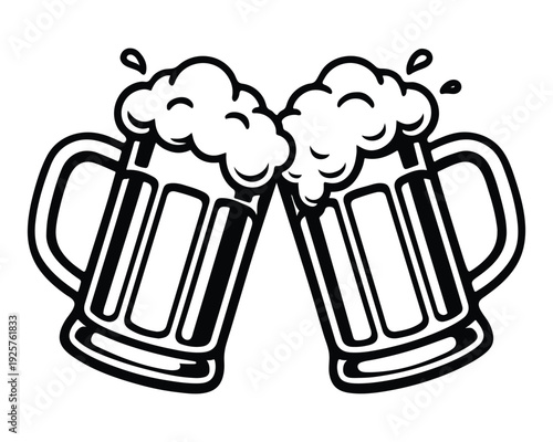 Clinking Beer Mugs Icon – Foamy Splash Cheers Line Art