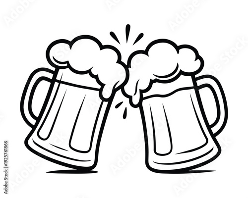 Clinking Beer Mugs Icon – Foamy Cheers Toast Line Art Illustration