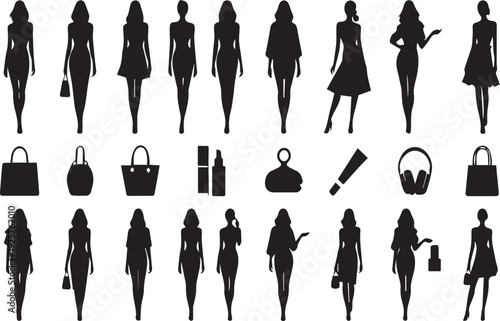 Stylish Women & Fashion Accessories Vector Collection: Elegant Silhouettes for Modern Beauty, Shopping, and Lifestyle Designs - Diverse Poses & Chic Items
