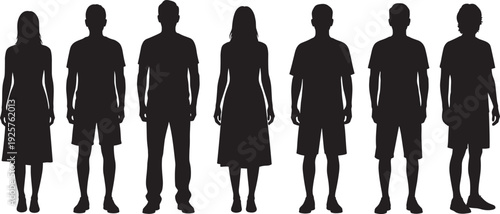 Seven human silhouettes standing side by side, alternating between figures in dresses and casual clothing, showcasing diverse gender representation for design, fashion, and educational concepts