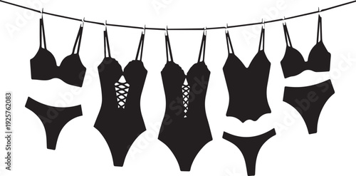 Elegant Black Lingerie Collection Drying on a Clothesline Vector Illustration. Diverse Styles of Intimate Apparel for Women, Fashion, and Sensuality Design.