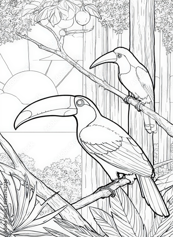 Fototapeta premium Tropical toucan birds coloring page for adults and kids, exotic jungle rainforest landscape with sun and trees black and white line art illustration, bird watching nature scene for creative hobby
