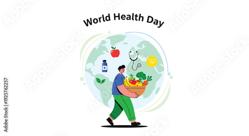 World Health Day icon with healthy food and globe