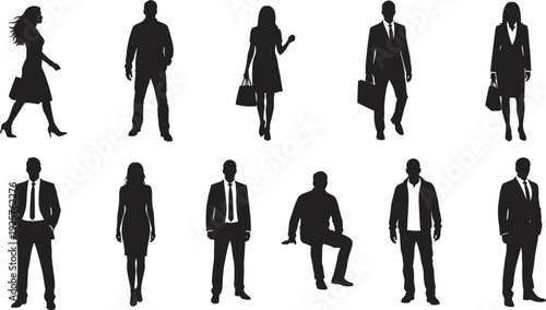 Ten human silhouettes arranged in two rows, featuring diverse male and female business professionals in formal attire and varied postures for corporate, design, and educational concepts