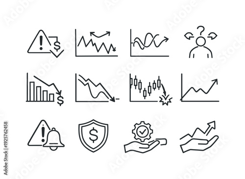 Line style vector icons of market risk icons: risk, volatility, fluctuation, uncertainty; loss, drawdown, crash, correction;