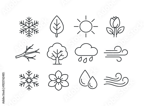 Seasonal Cycle Icons. Line style vector icons of seasonal cycle: winter, spring, frost, bloom; snowflake, leaf, sun, bud; branch,