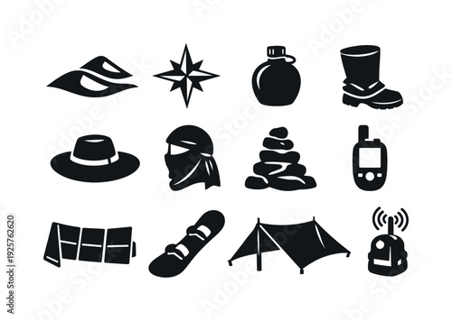 Solid vector icons of desert exploration adventure: sand dune, compass rose, canteen, gaiter, wide hat, sun scarf, trail cairn,