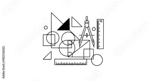 Geometry vector illustration, triangles, circles, squares, rulers and compass, bright flat colors, educational concept, clean composition, isolated background, modern school design