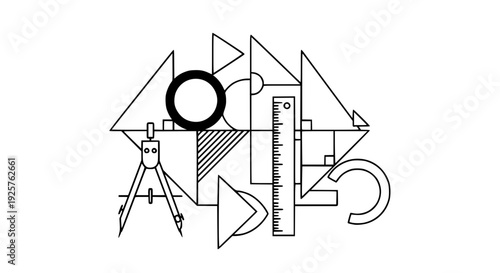Geometry vector illustration, triangles, circles, squares, rulers and compass, bright flat colors, educational concept, clean composition, isolated background, modern school design