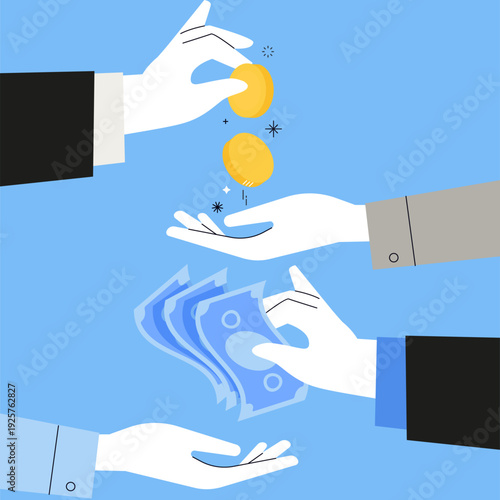 Financial Exchange Illustration Hands Exchanging Coins and Banknotes for Investment, Payroll and Fintech Transactions in Sky Blue and Citrus Yellow